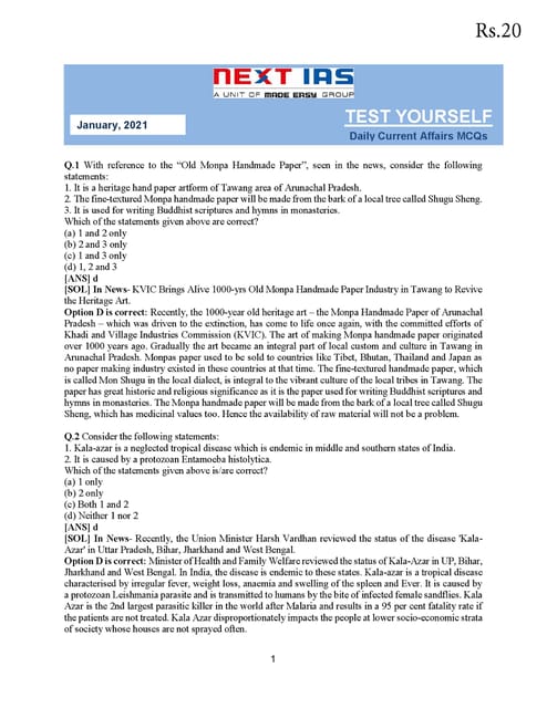 Next IAS Monthly MCQ Consolidation - January 2021 - [B/W PRINTOUT]