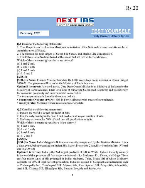 Next IAS Monthly MCQ Consolidation - February 2021 - [B/W PRINTOUT]