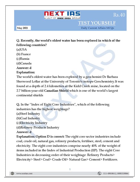 Next IAS Monthly MCQ Consolidation - May 2021 - [B/W PRINTOUT]