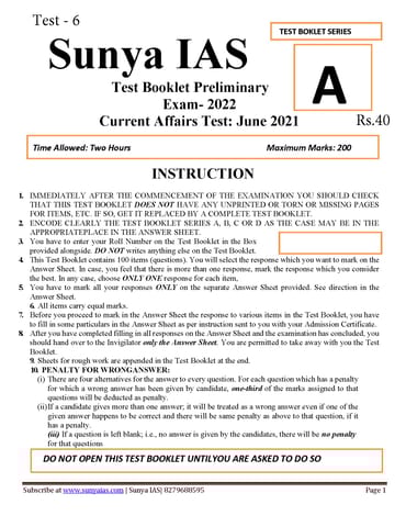 (Set) Sunya IAS PT Test Series 2022 - Test 6 to 10 - [B/W PRINTOUT]