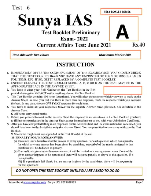(Set) Sunya IAS PT Test Series 2022 - Test 6 to 10 - [B/W PRINTOUT]