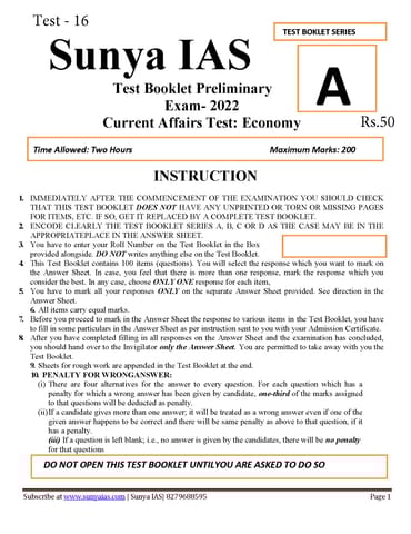 (Set) Sunya IAS PT Test Series 2022 - Test 16 to 19 - [B/W PRINTOUT]