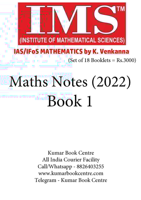 (Set of 18 Booklets) IMS Handwritten/Class Notes 2022 - Mathematics Optional - K Venkanna Sir - [B/W PRINTOUT]